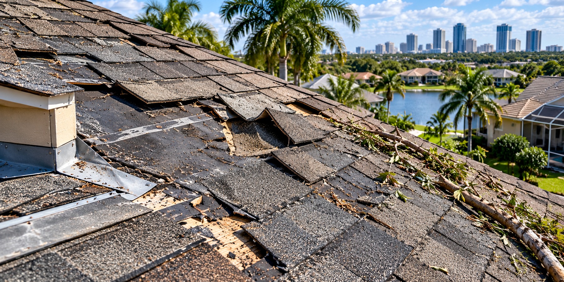 Professional roof repair in Orlando, Florida with Orlando skyline