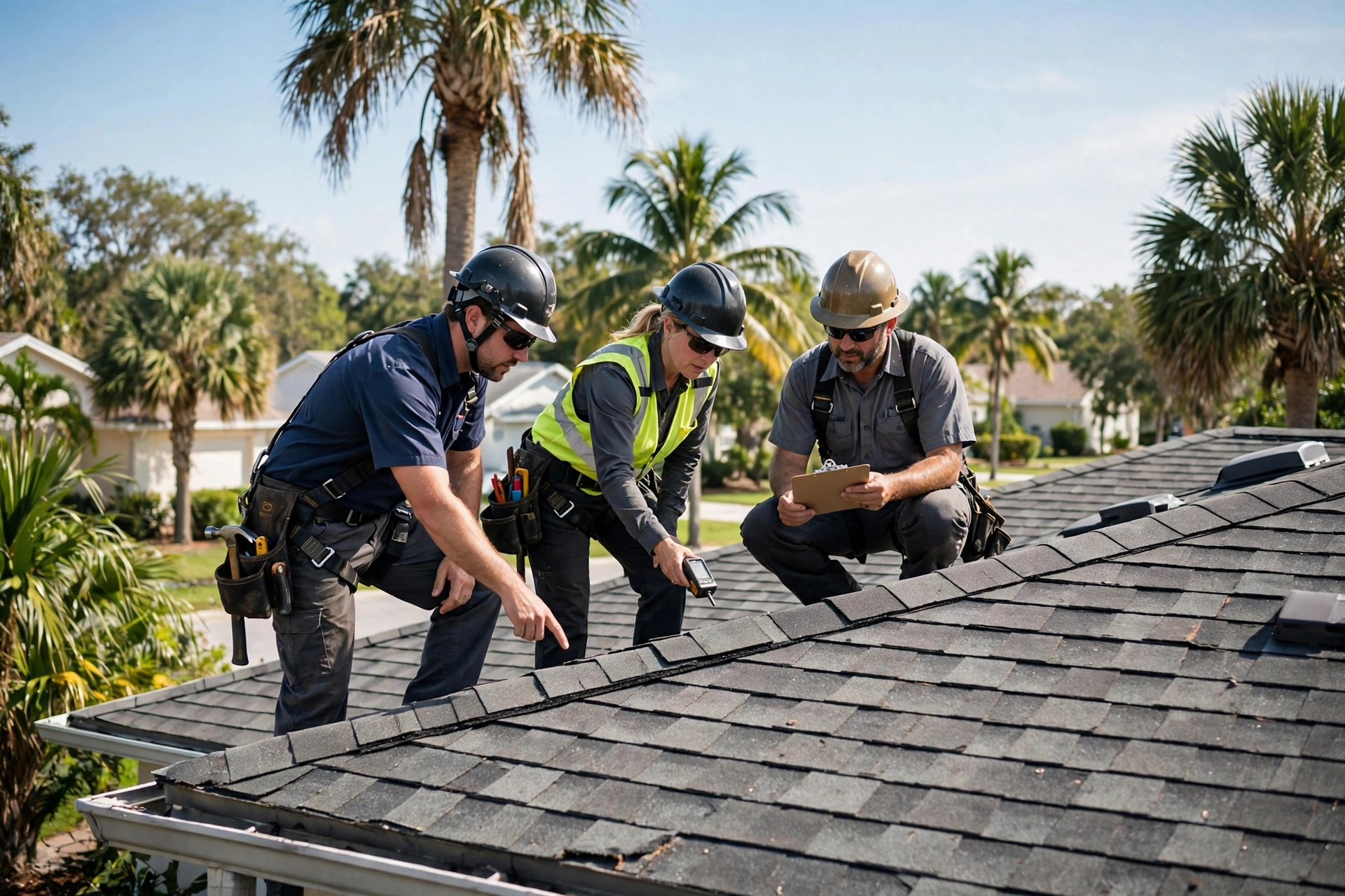 Licensed roofing contractor performing roof repair in Orlando, FL during a free inspection