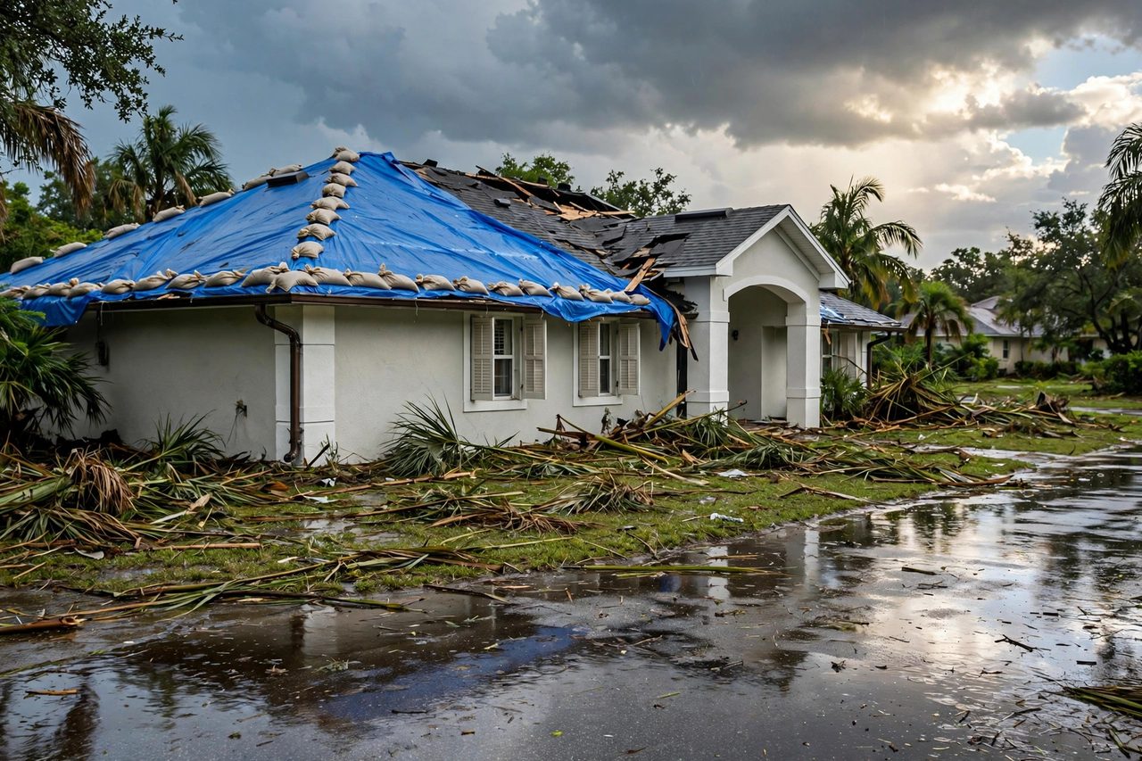 Emergency roof tarping protecting a storm-damaged roof in Orlando, Florida