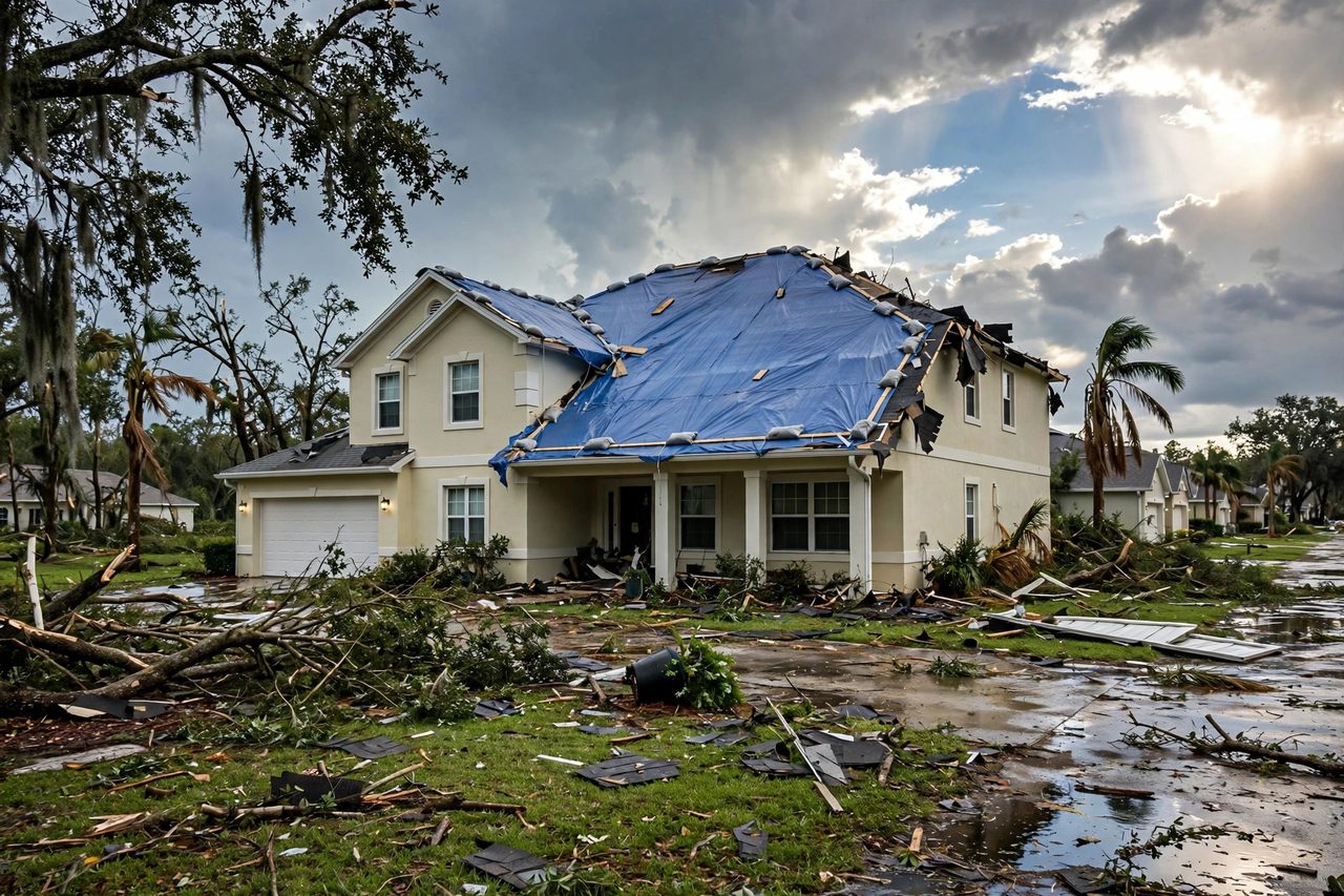 Emergency roof tarping protecting a storm-damaged roof in Orlando, Florida