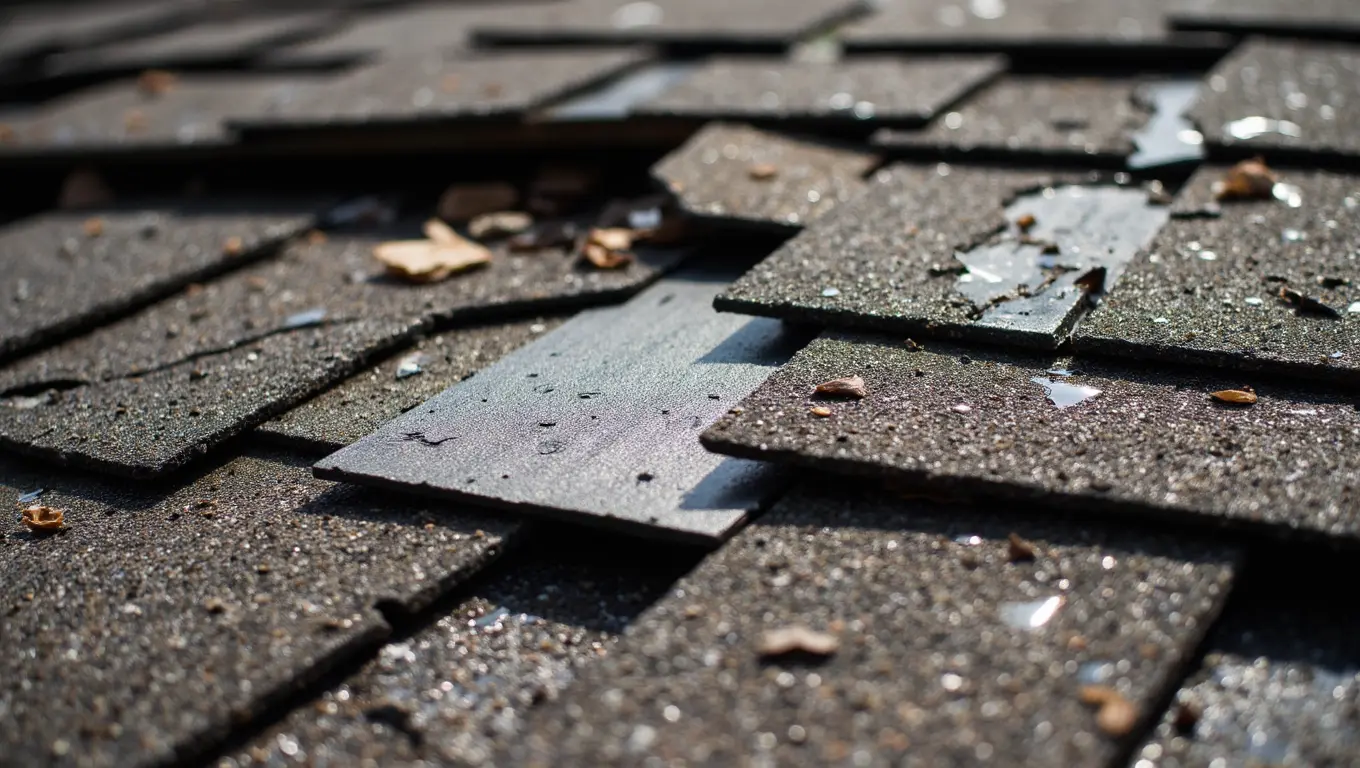 Damaged roof shingles requiring inspection for insurance claim