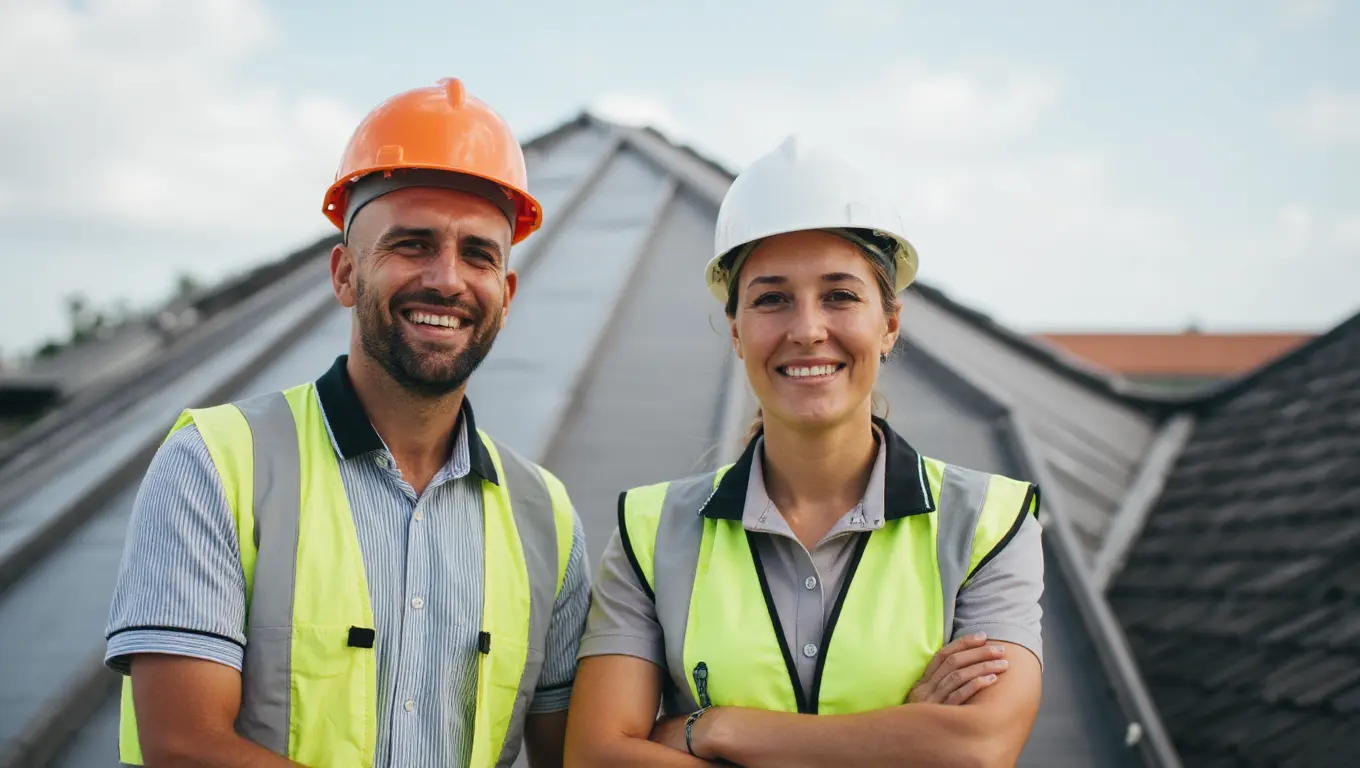 Professional roofing team and contractors at work