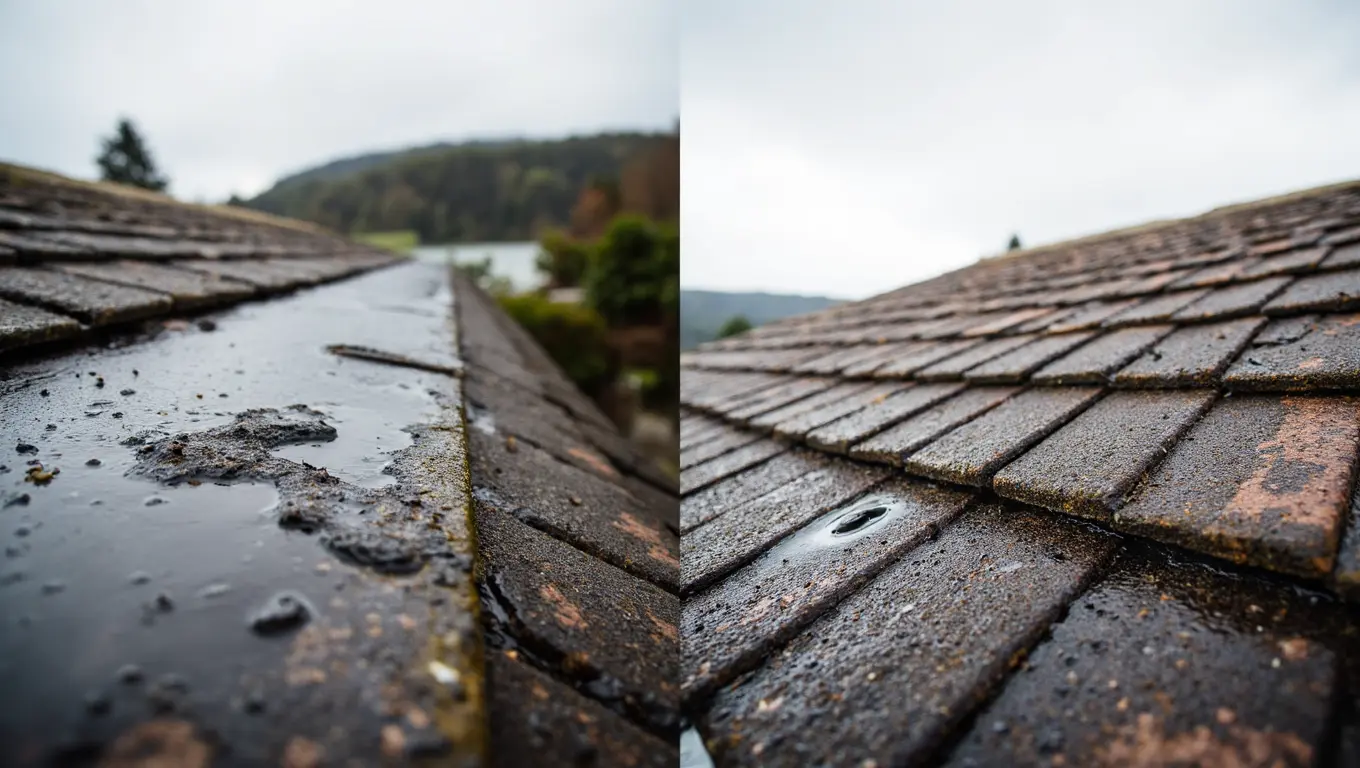 Before and after emergency roof leak repair - shingle damage restored