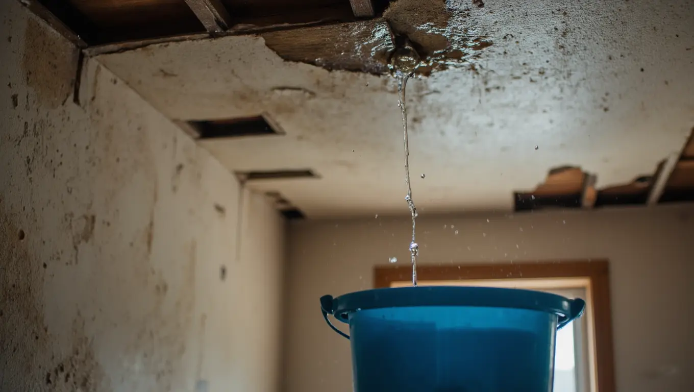 Ceiling water leak damage from roof leak