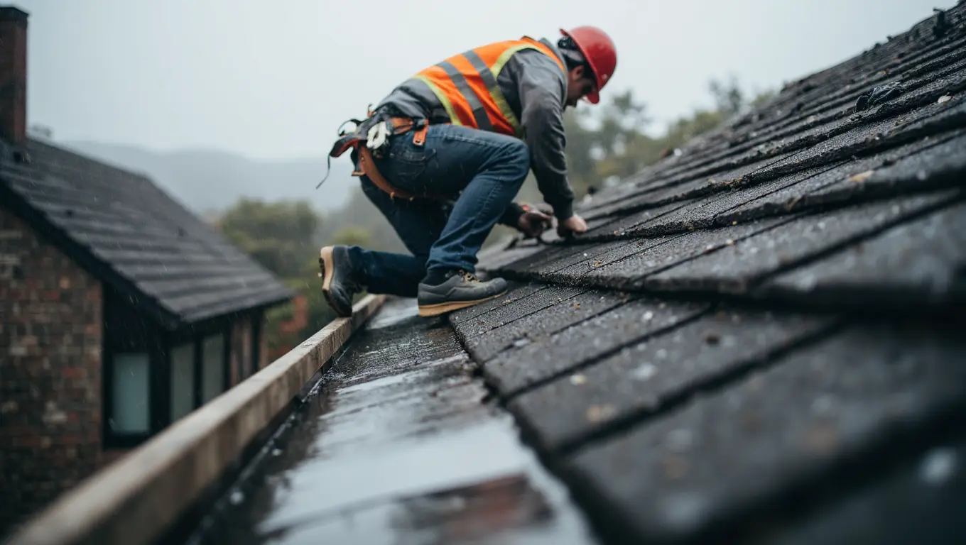 Emergency roof leak repair in progress