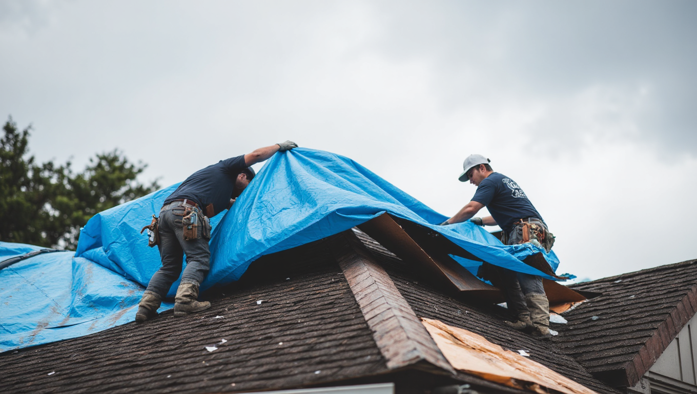 Emergency roof tarping to stop active water intrusion