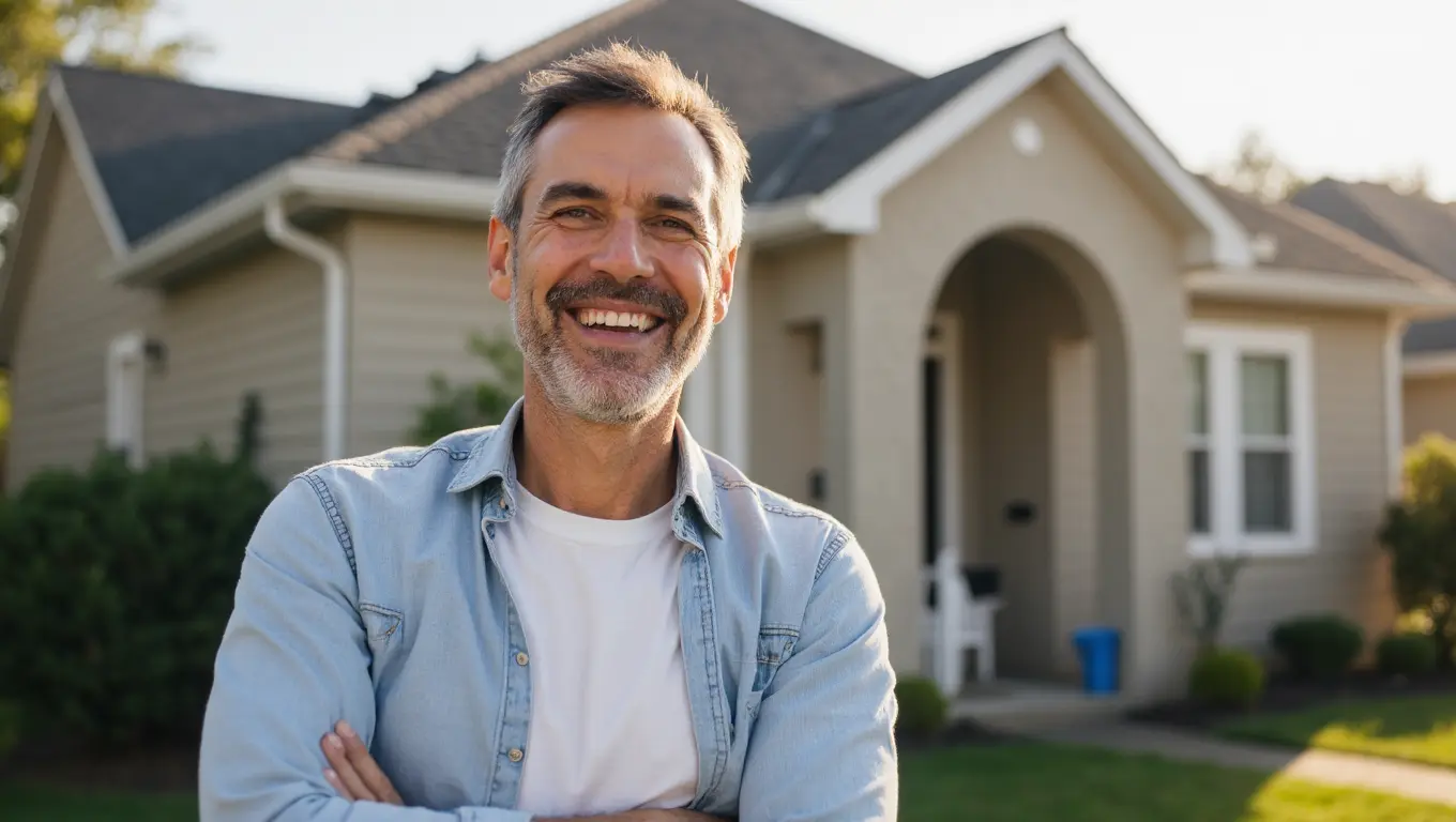 Happy homeowner after emergency roof repair