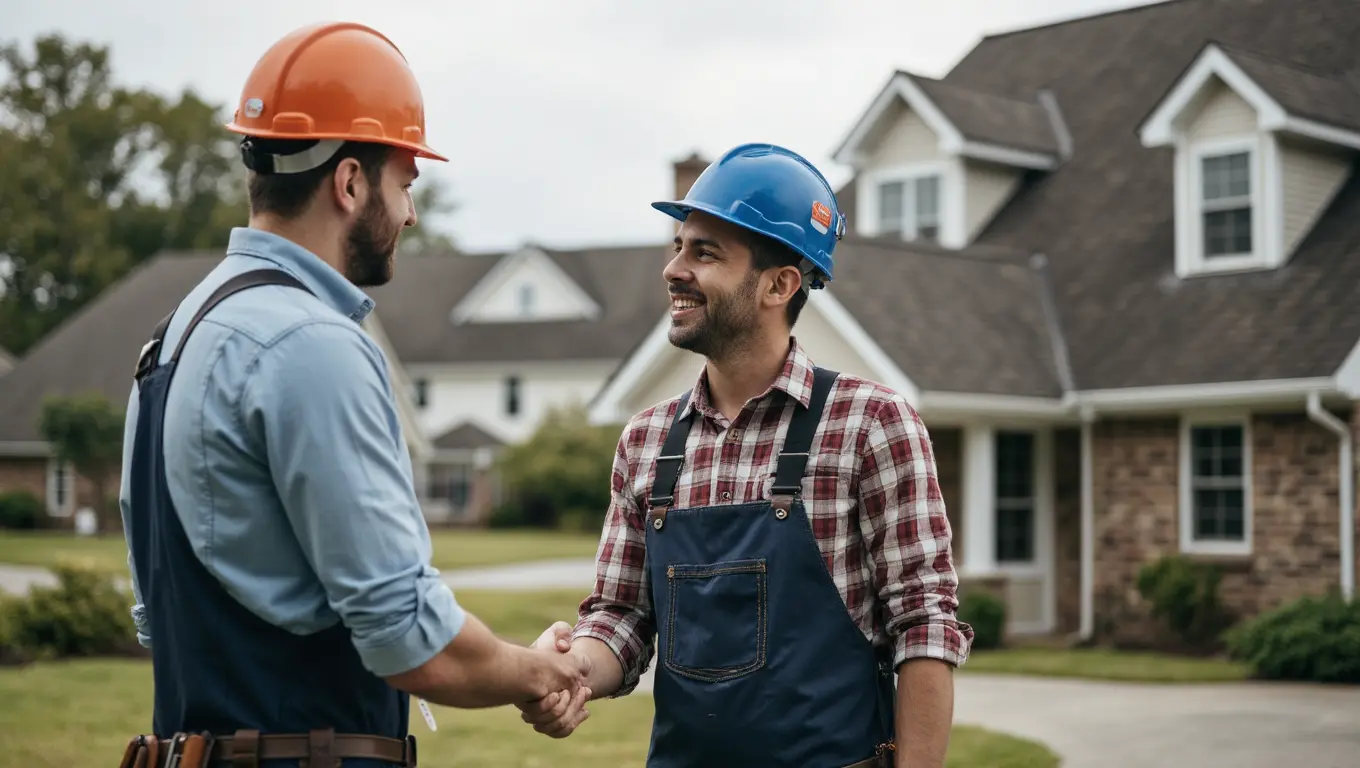 Licensed roofing contractor consulting with client