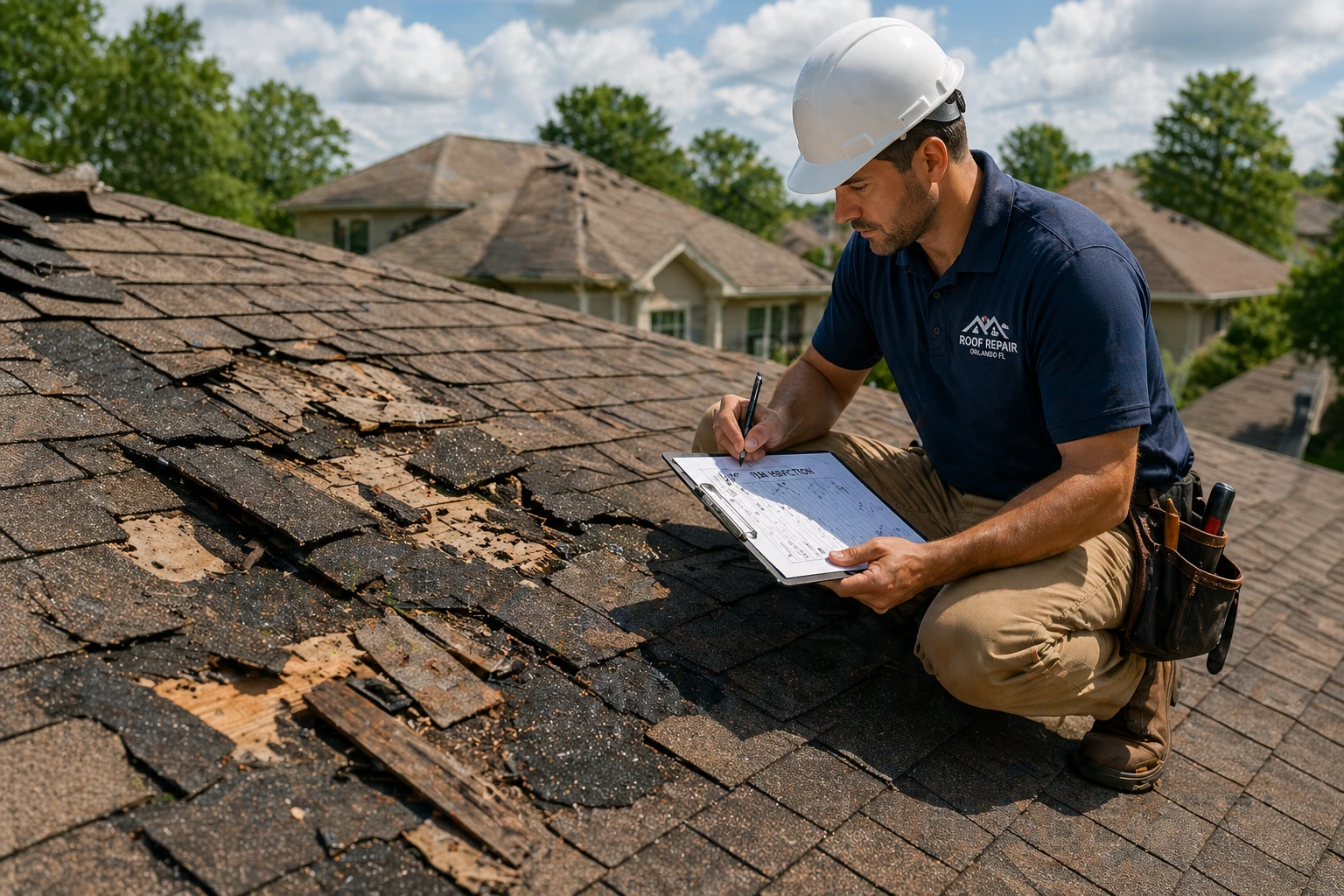 Roofing contractor inspecting storm damage on a roof in Orlando FL