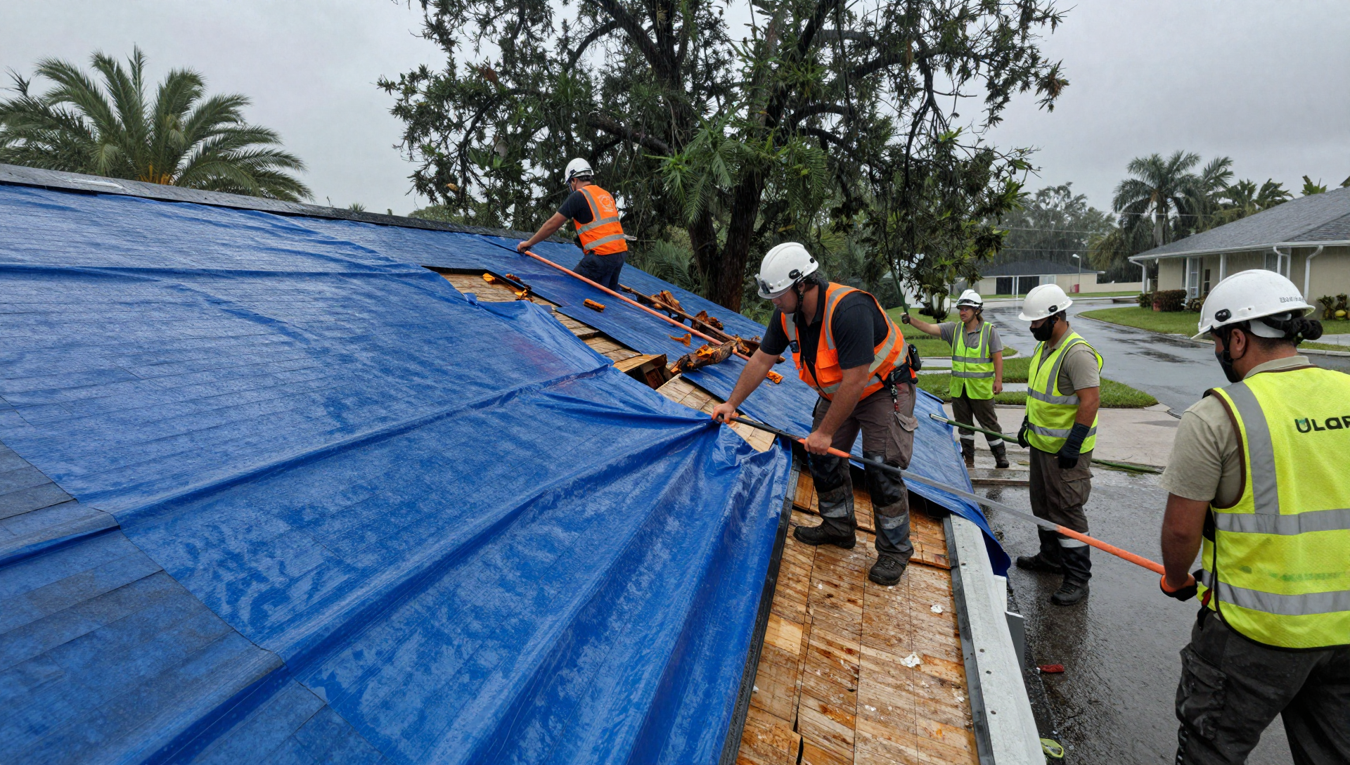Emergency tarp installed on storm damaged Orlando FL roof before repair