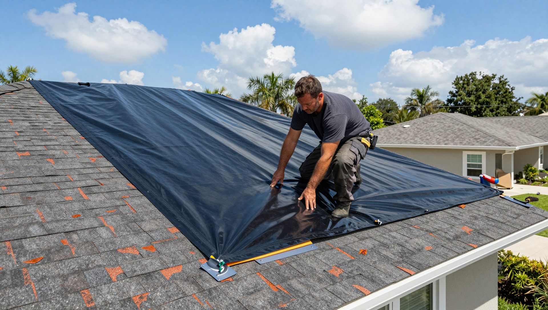 Emergency roof tarping completed on Orlando FL home after storm