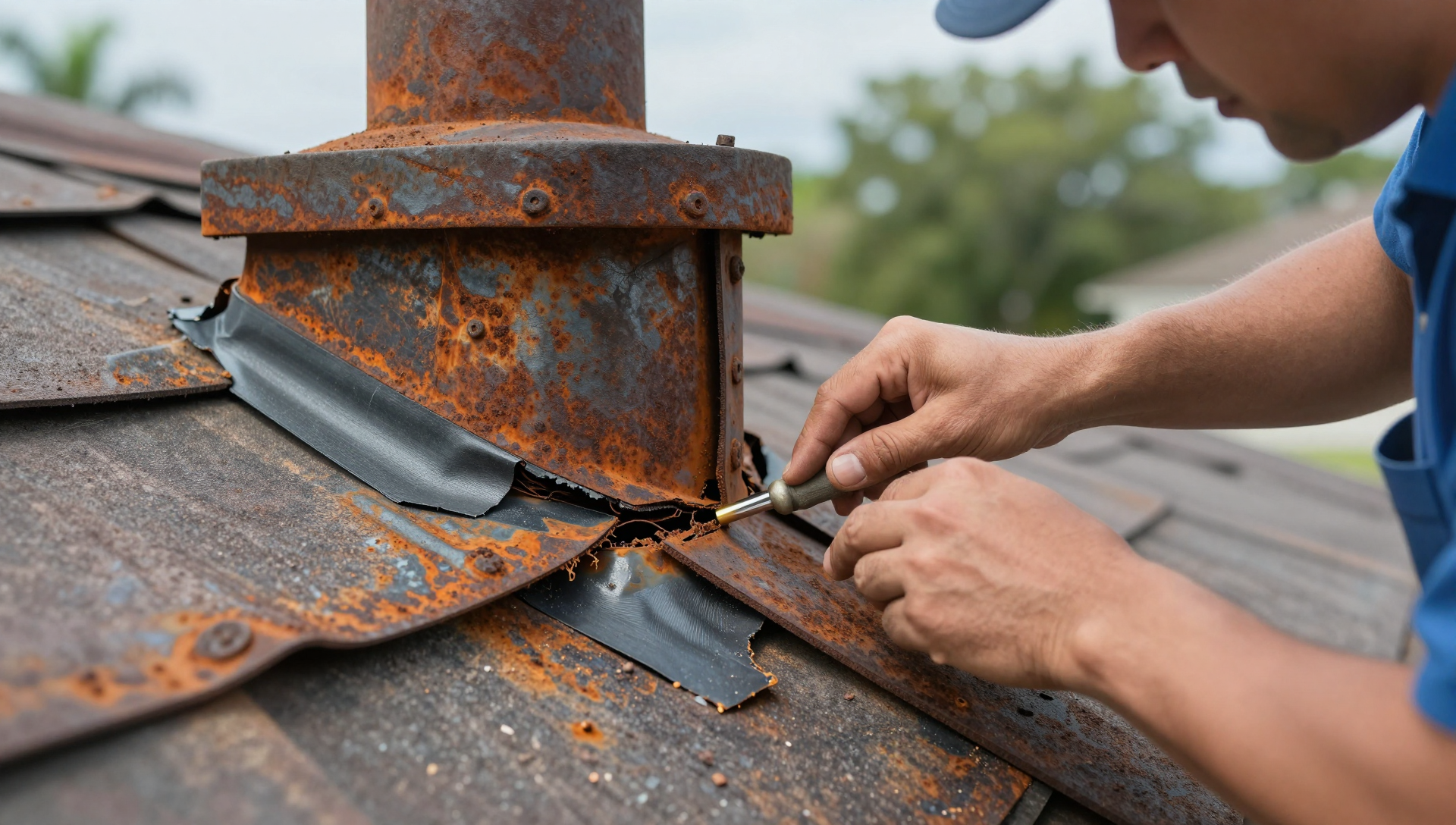 Damaged chimney flashing before repair on tile roof in Winter Park FL