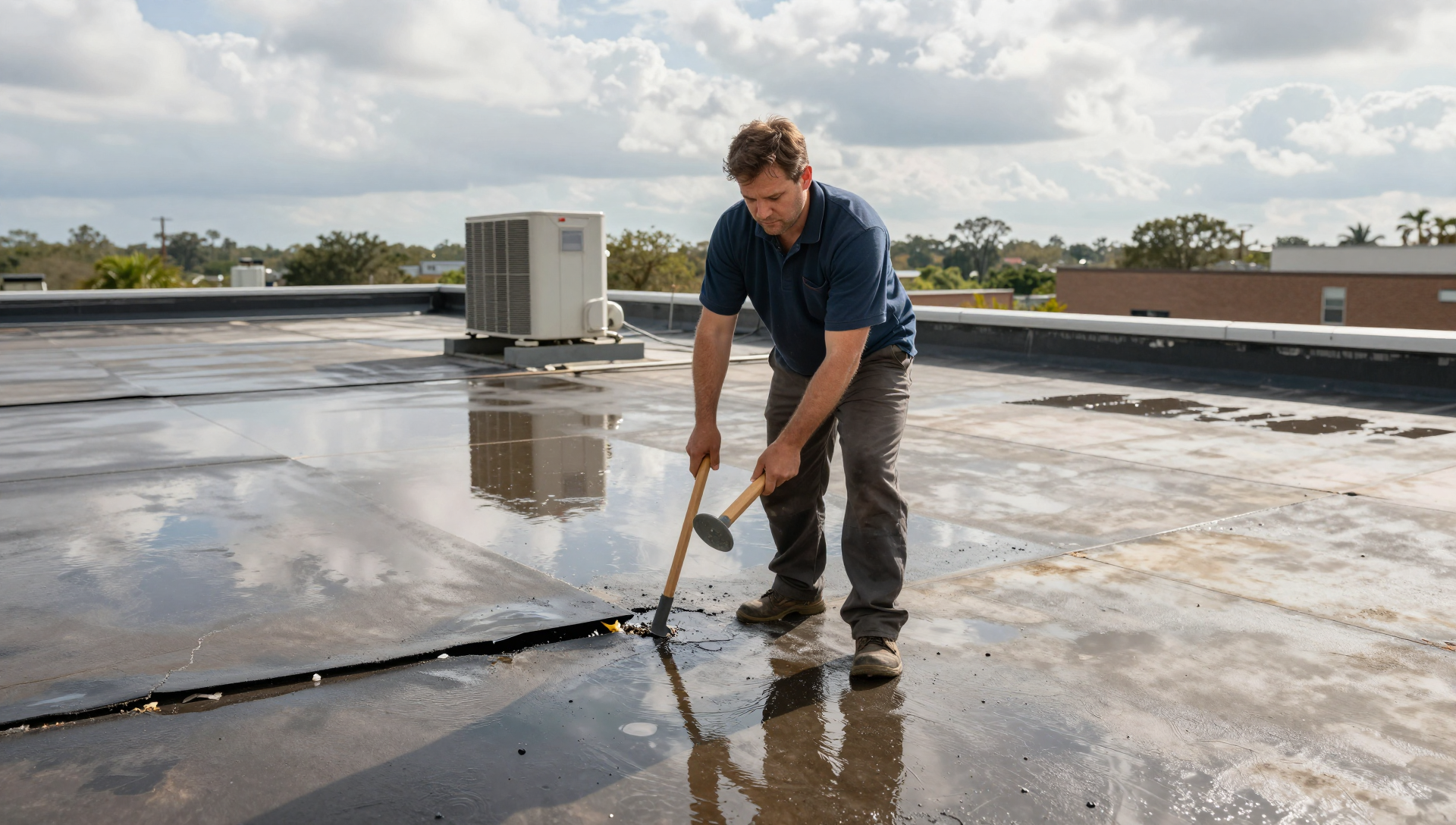 Flat roof TPO seam failure before repair in Lake Nona FL