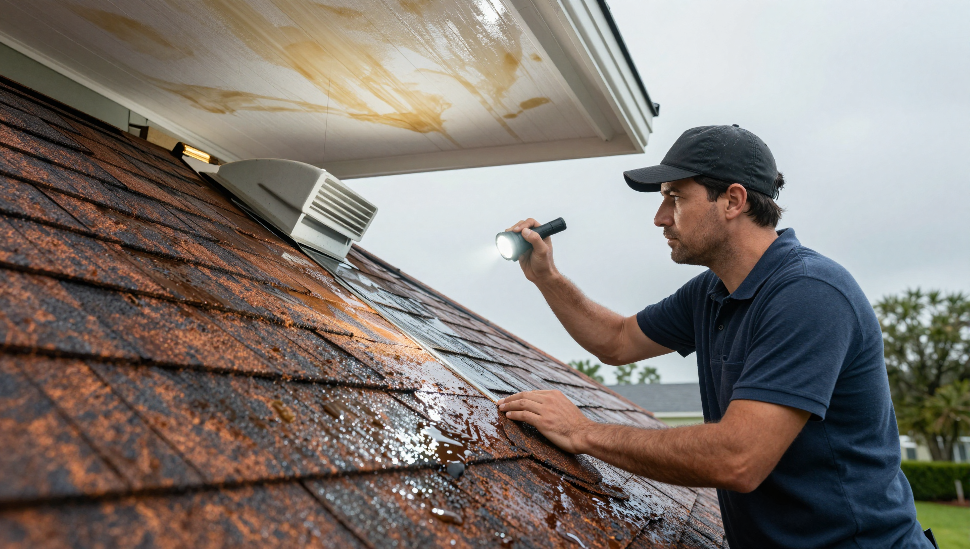 Active roof leak before repair in Baldwin Park Orlando FL